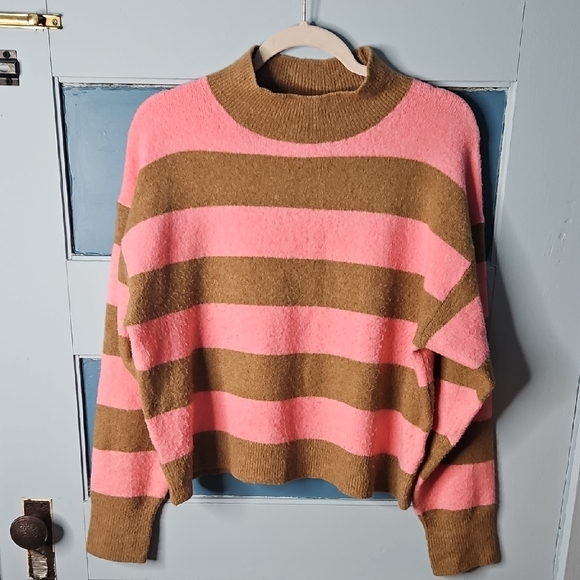 J Crew Extra Soft Pink and Brown Striped Sweater - Picture 1 of 8